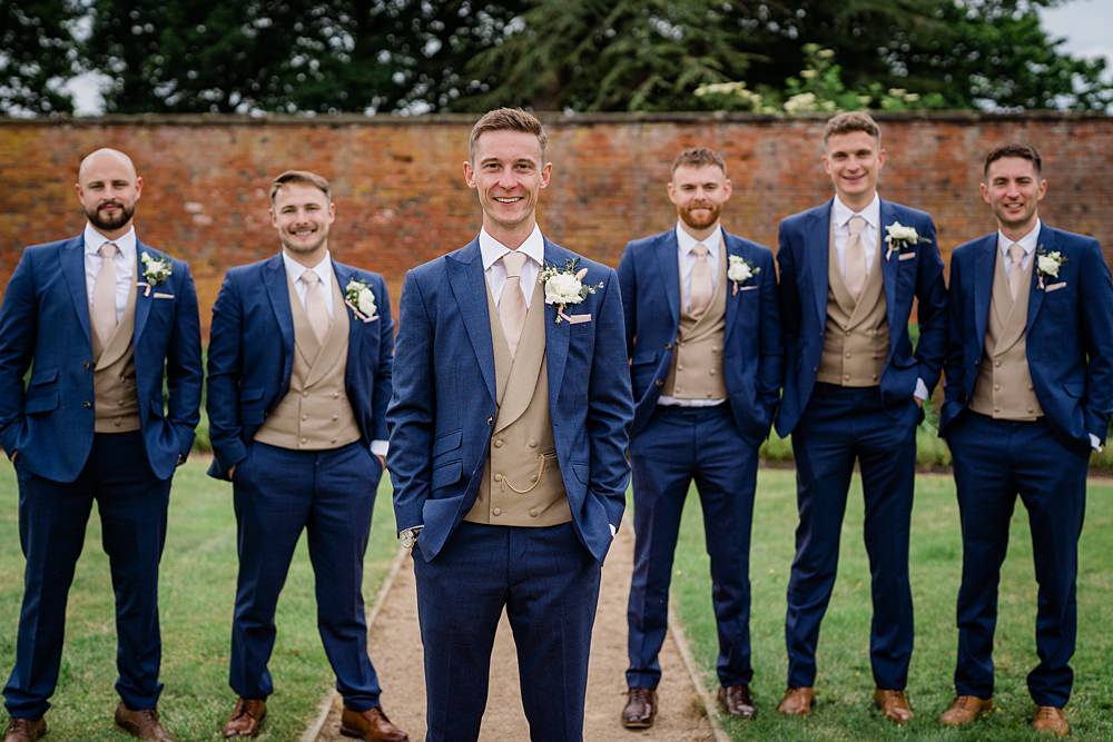 Groom Groomsmen Navy Suit Tan Waistcoat Walled Garden Yurt Wedding Charlotte Mail Photography