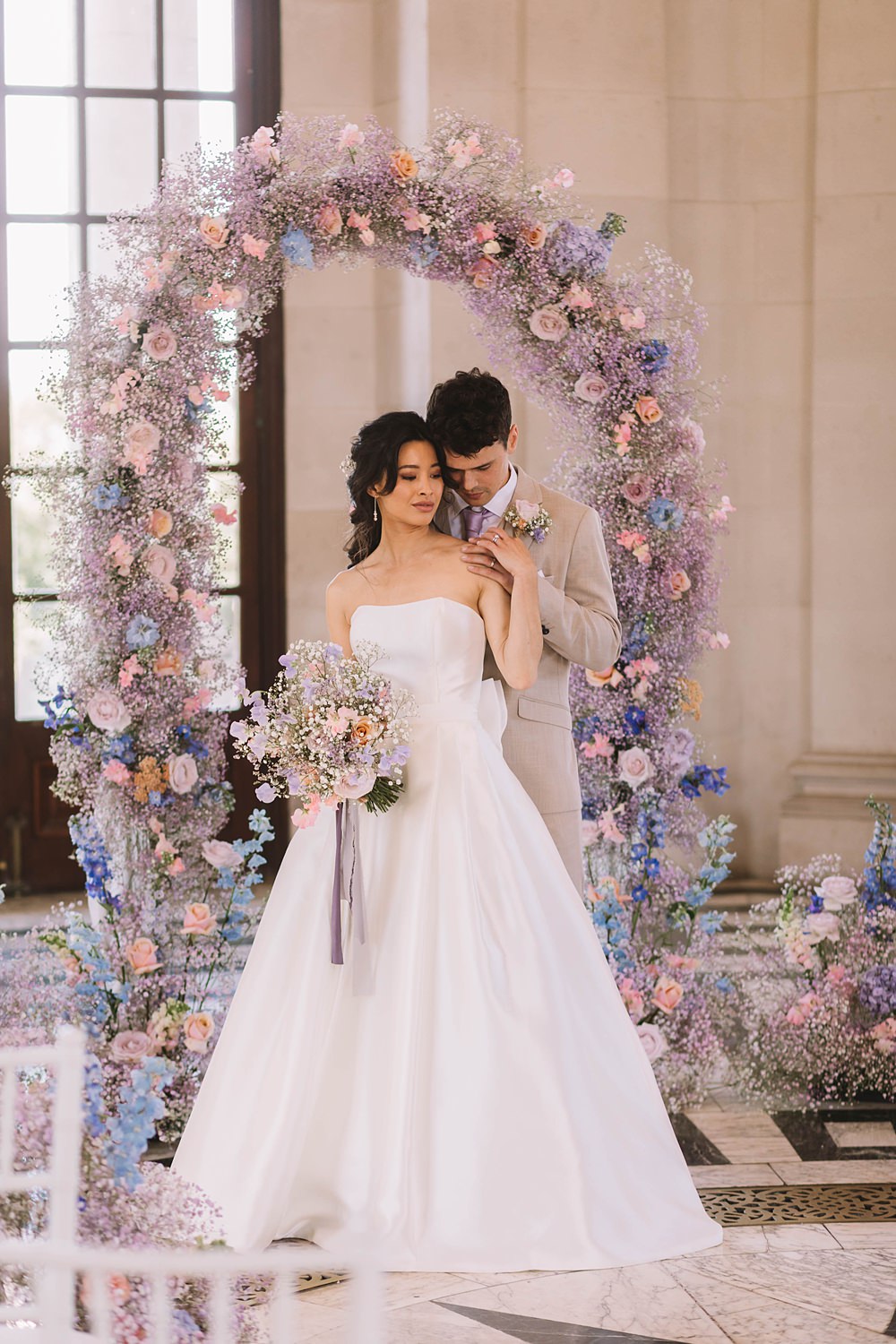 Williamson Park Wedding Samantha Broadley Photography Flower Arch Pink Blue Sweet Peas Roses Lilac Gypsophila