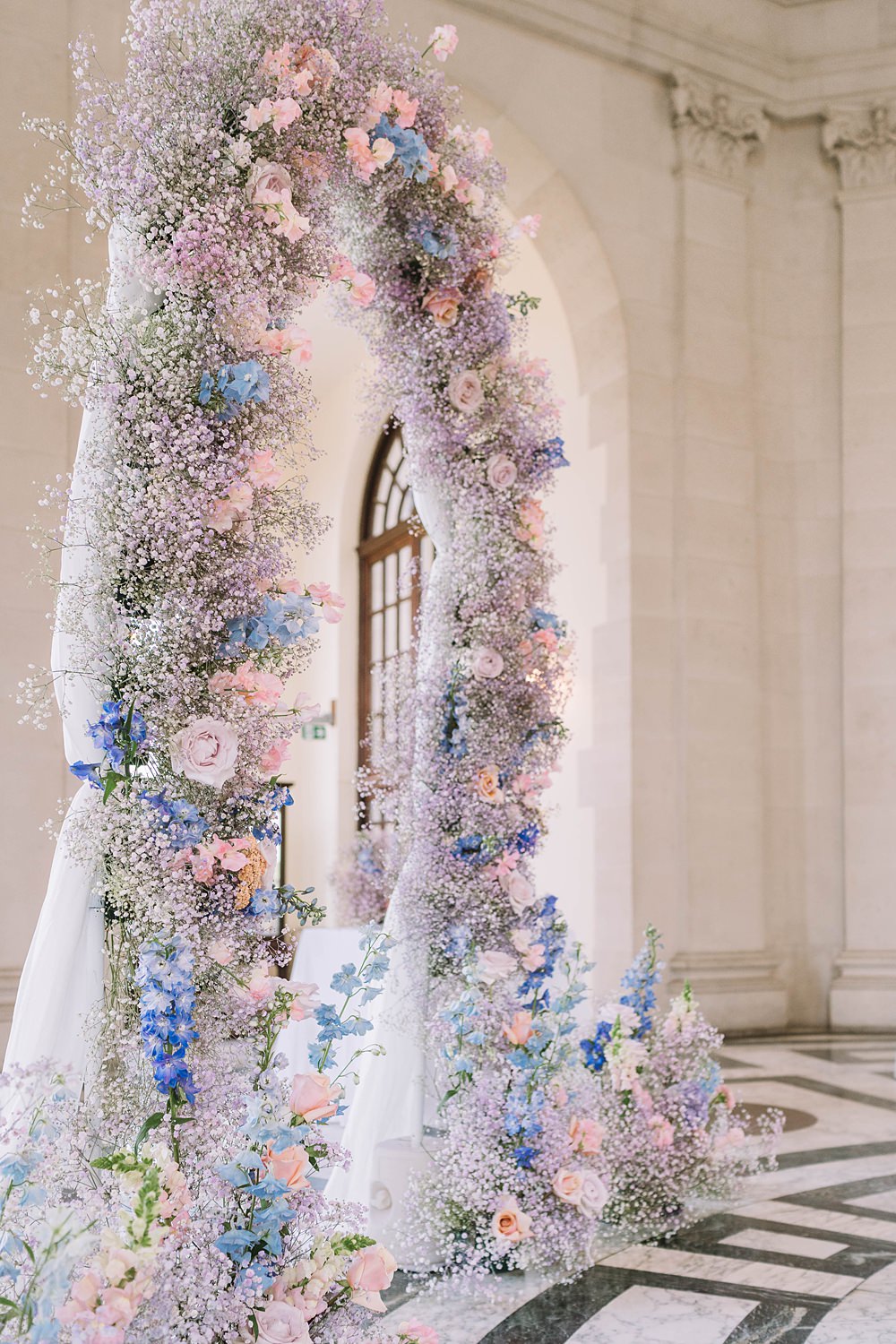 Williamson Park Wedding Samantha Broadley Photography Flower Arch Pink Blue Sweet Peas Roses Lilac Gypsophila