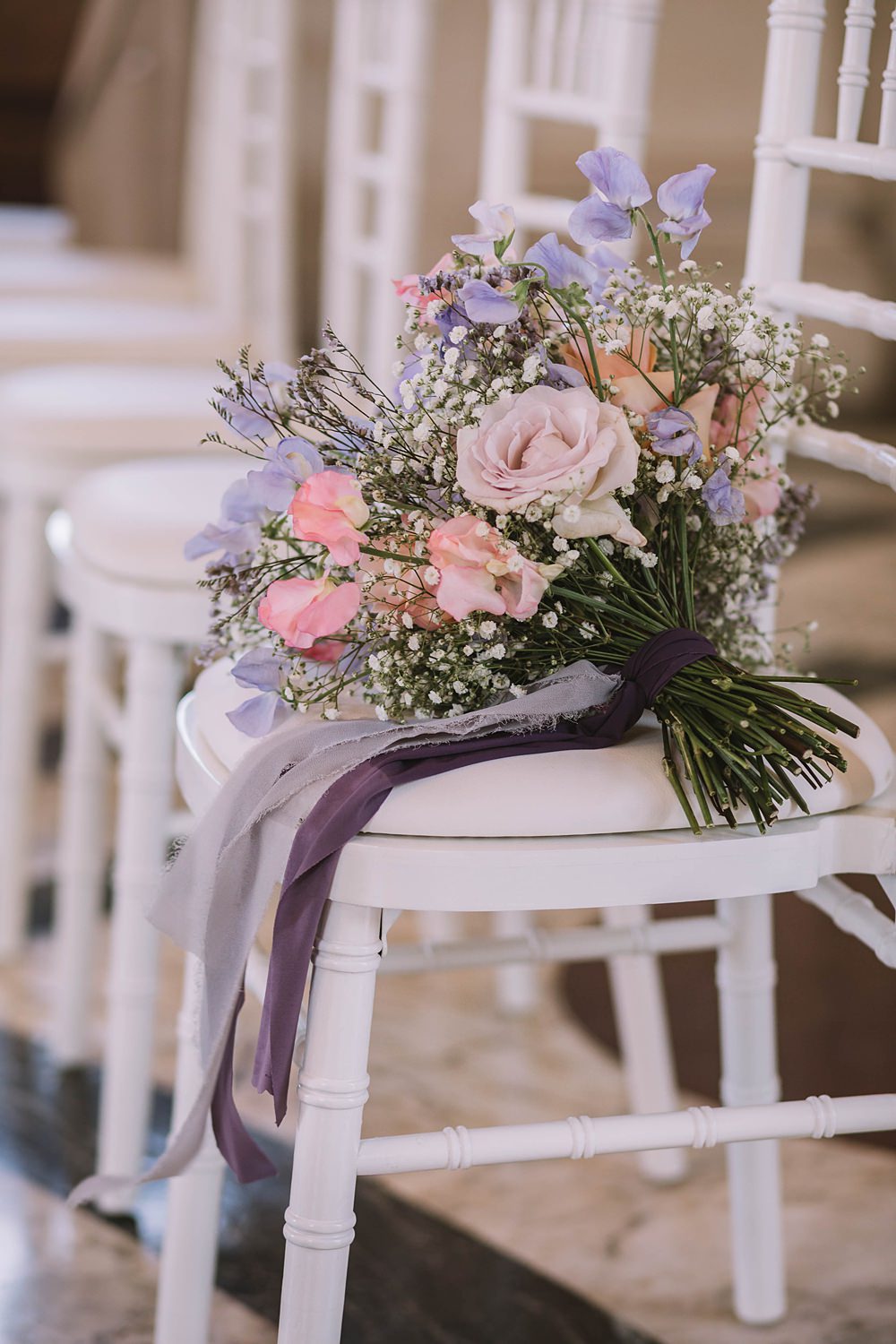 Pink Blue Sweet Peas Roses Lilac Gypsophila Bouquet Bride Williamson Park Wedding Samantha Broadley Photography