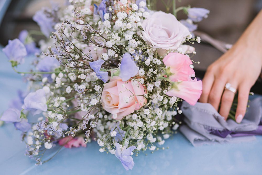 Pink Blue Sweet Peas Roses Lilac Gypsophila Bouquet Bride Williamson Park Wedding Samantha Broadley Photography