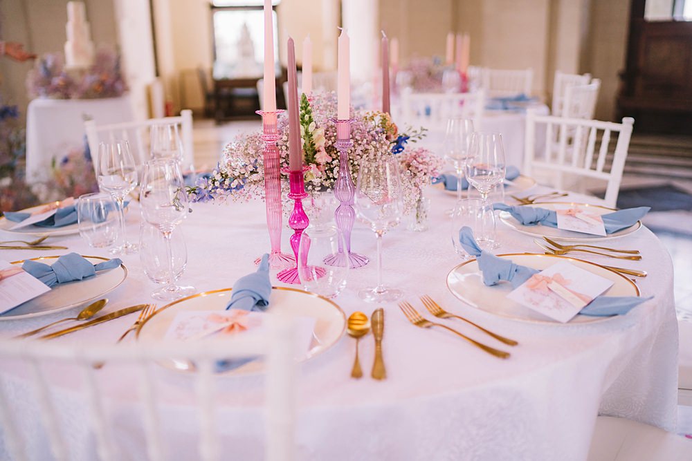 Centrepiece Pink Blue Lilac Flowers Candles Gold Cutlery Williamson Park Wedding Samantha Broadley Photography