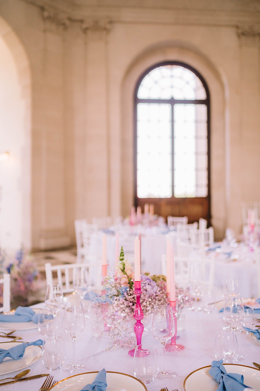 Centrepiece Pink Blue Lilac Flowers Candles Gold Cutlery Williamson Park Wedding Samantha Broadley Photography