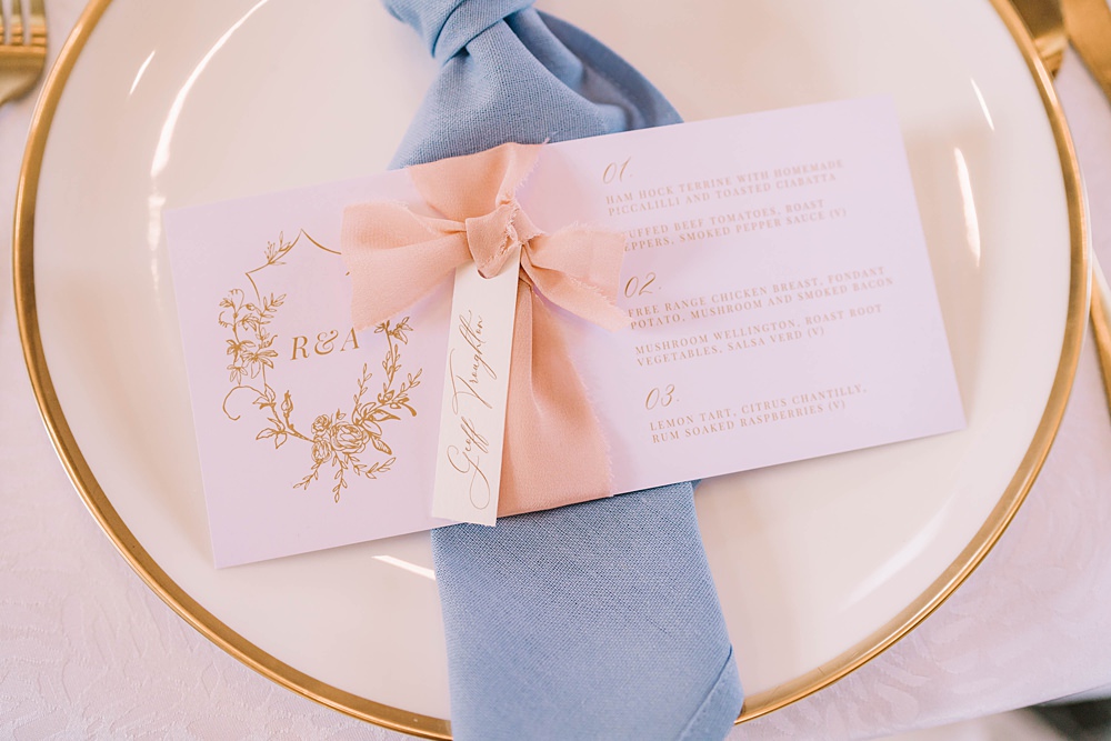 Place Setting Blue Napkin Name Tag Ribbon Gold Cutlery Williamson Park Wedding Samantha Broadley Photography