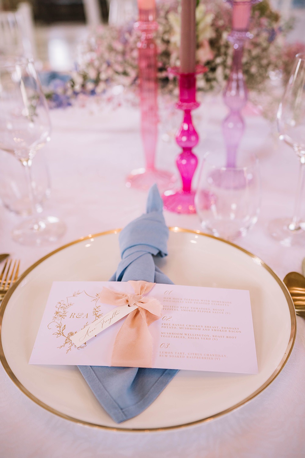 Place Setting Blue Napkin Name Tag Ribbon Gold Cutlery Williamson Park Wedding Samantha Broadley Photography