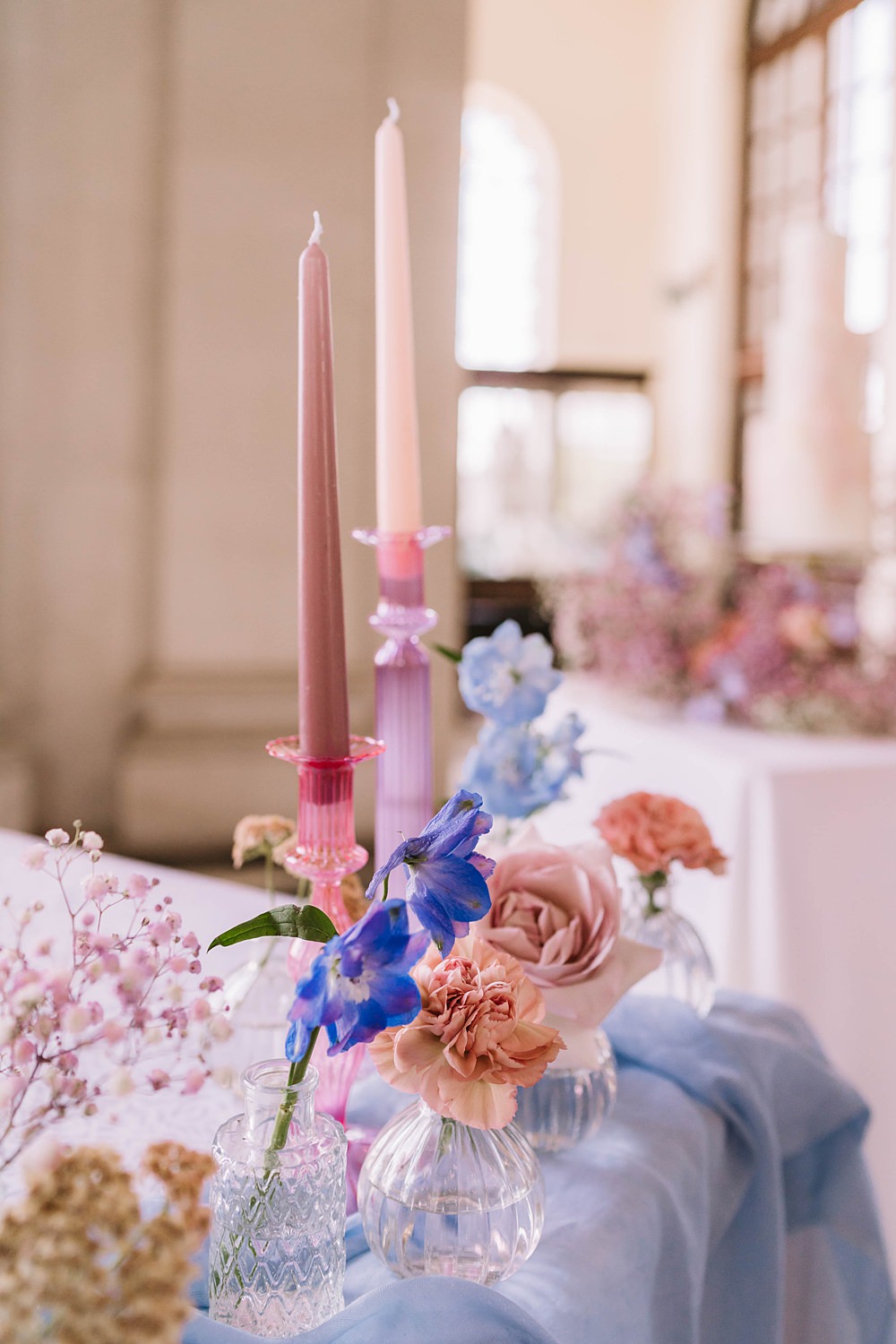 Centrepiece Pink Blue Lilac Flowers Candles Gold Cutlery Williamson Park Wedding Samantha Broadley Photography