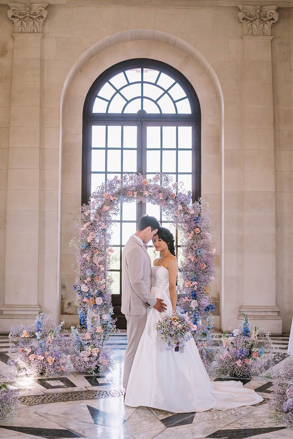 Williamson Park Wedding Samantha Broadley Photography Flower Arch Pink Blue Sweet Peas Roses Lilac Gypsophila