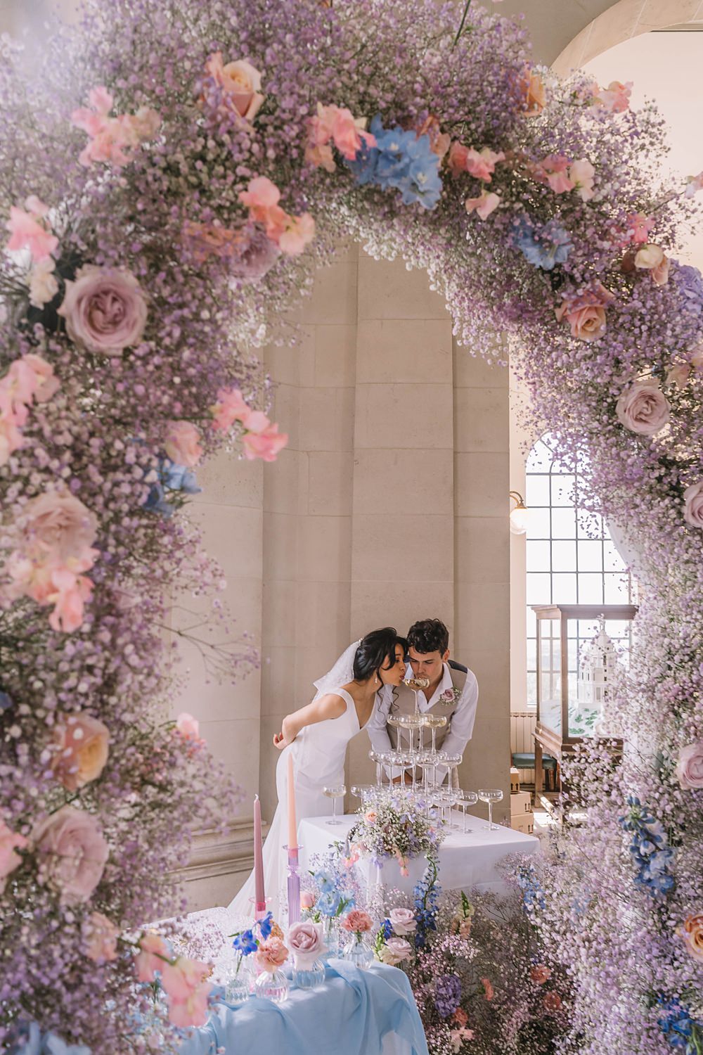 Williamson Park Wedding Samantha Broadley Photography Flower Arch Pink Blue Sweet Peas Roses Lilac Gypsophila Drinks