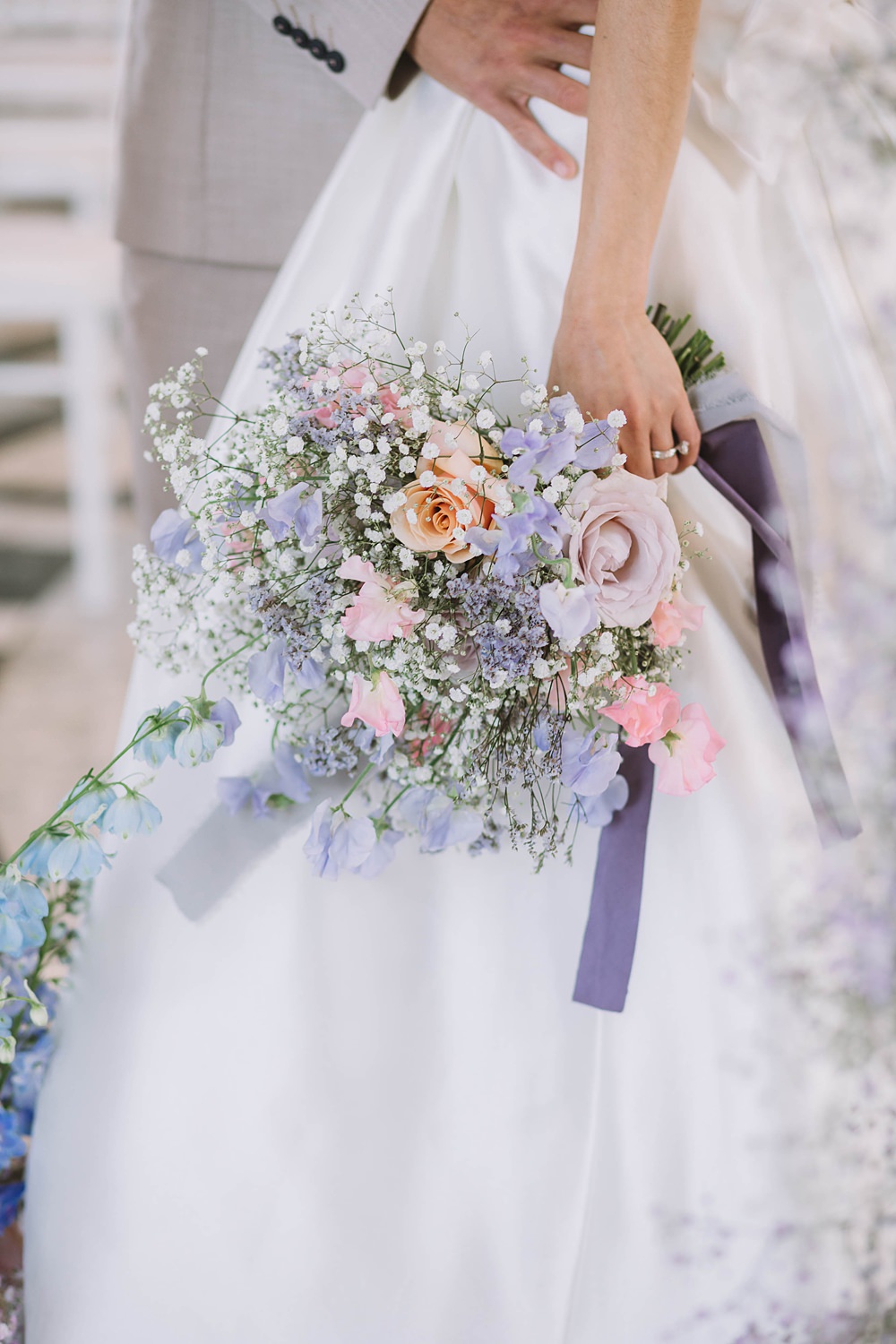 Pink Blue Sweet Peas Roses Lilac Gypsophila Bouquet Bride Williamson Park Wedding Samantha Broadley Photography