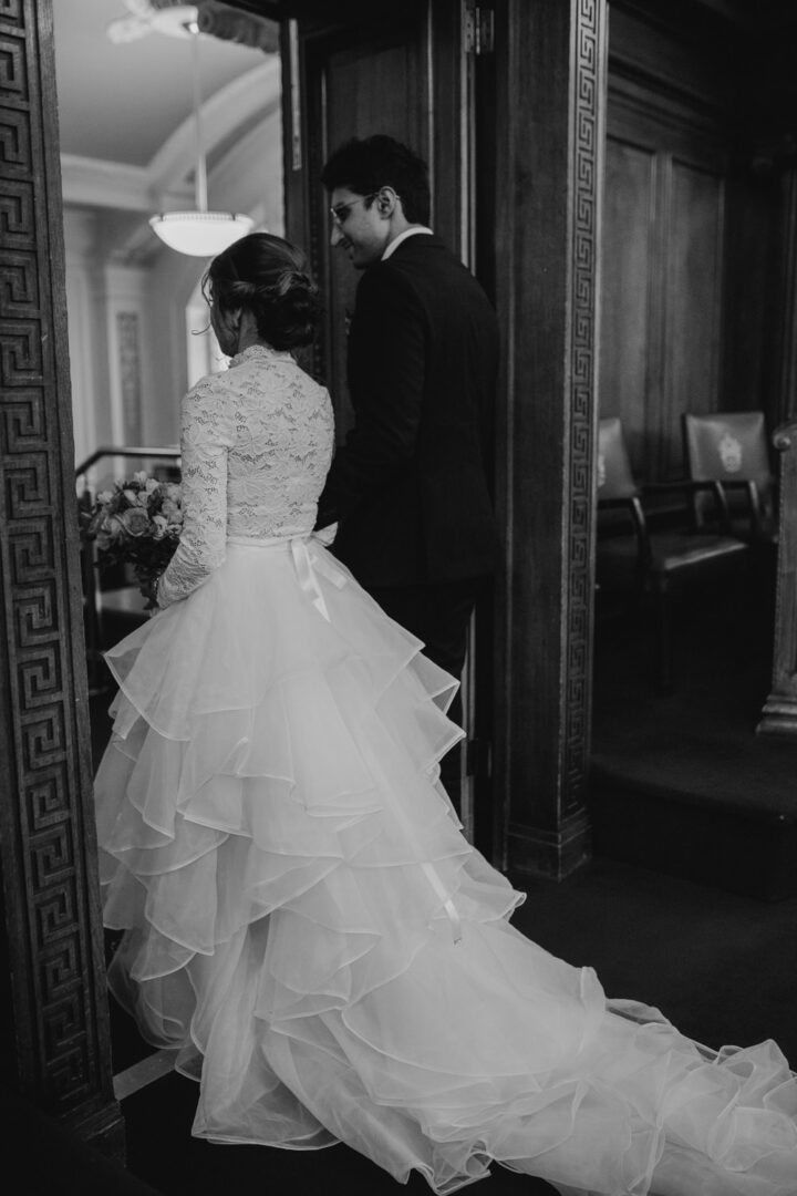 Winter Wedding Gown High Neck Ruffle Skirt David's Bridal Grace Pham Photography