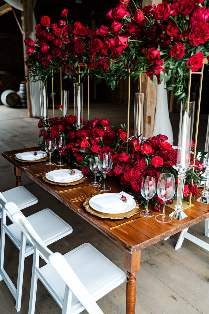 Winter Wedding Table Red Rose Flowers Centrepiece Runner Brandon and Serena Photography