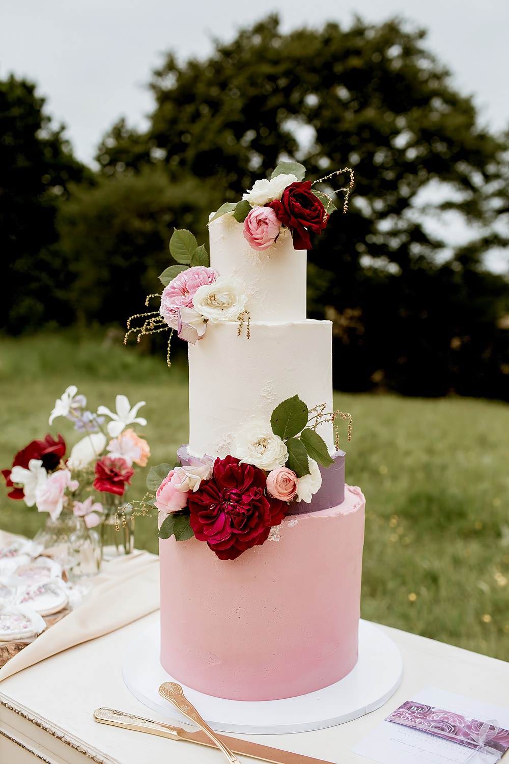 4 Tier Cake Pink Cream Flowers Barnfield Wedding Sonder Lust Photography