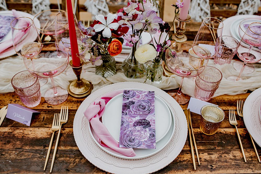 Place Setting Pink Napkin Lilac Menu Barnfield Wedding Sonder Lust Photography