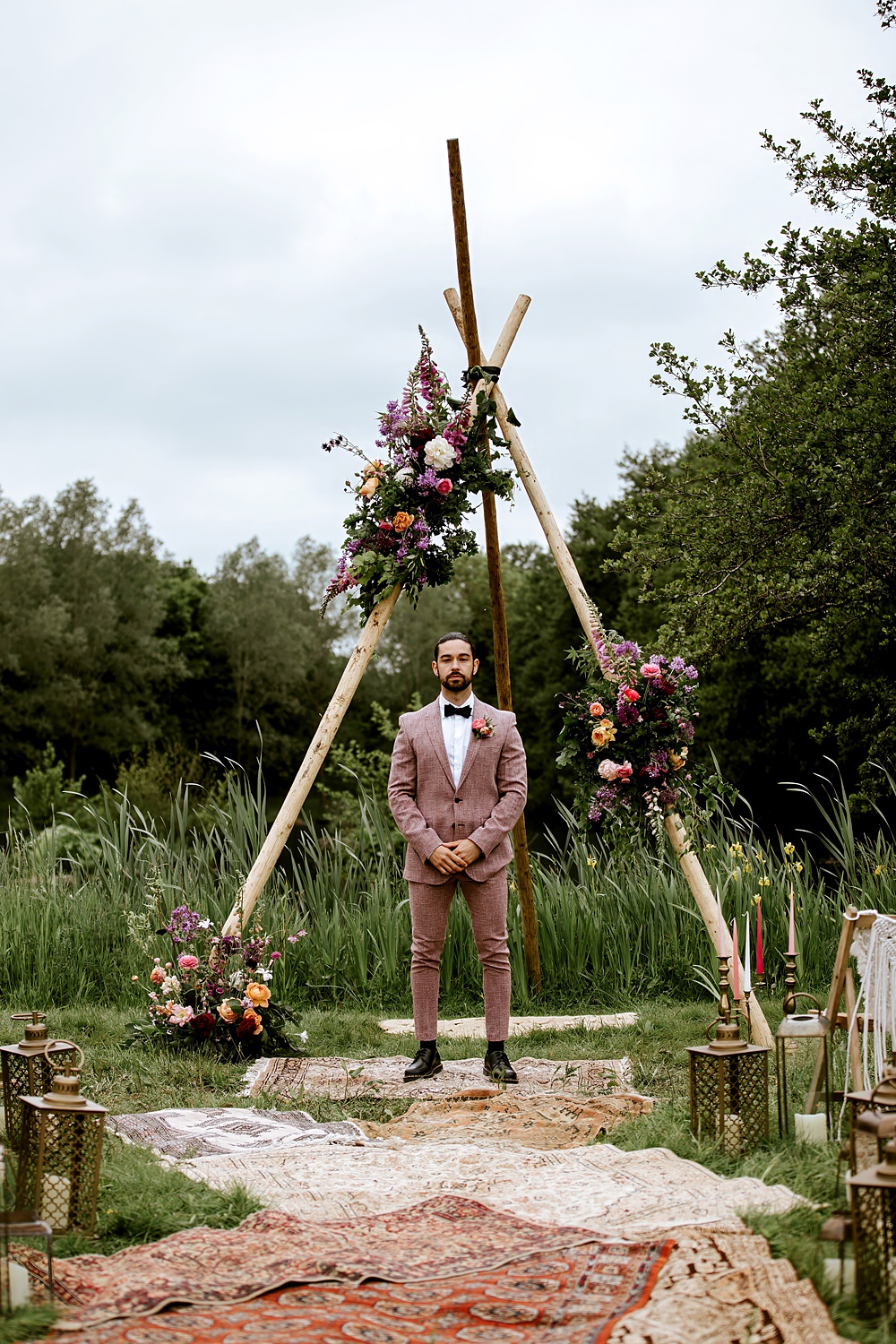 Groom Pink Suit Bow Tie Barnfield Wedding Sonder Lust Photography