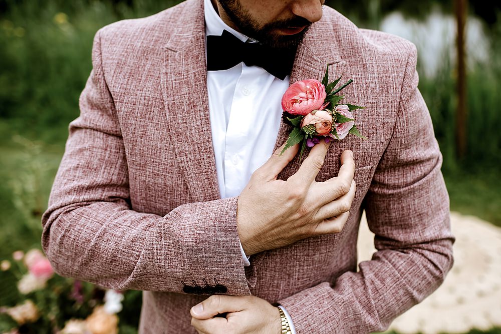 Groom Pink Suit Bow Tie Buttonhole Flowers Barnfield Wedding Sonder Lust Photography