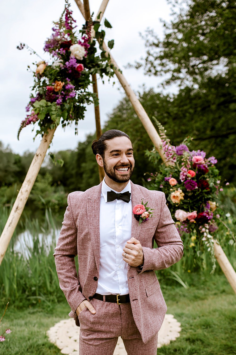 Groom Pink Suit Bow Tie Barnfield Wedding Sonder Lust Photography