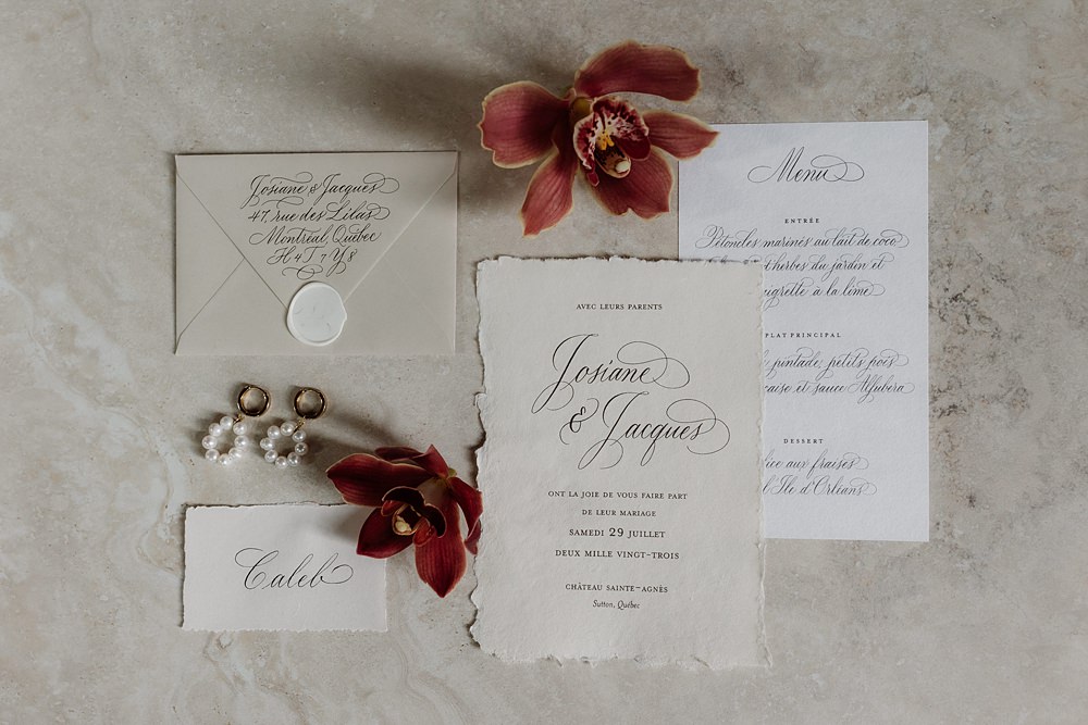Calligraphy Stationery Invite Wax Seal Château Ste-Agnès Wedding Crémeux Photo