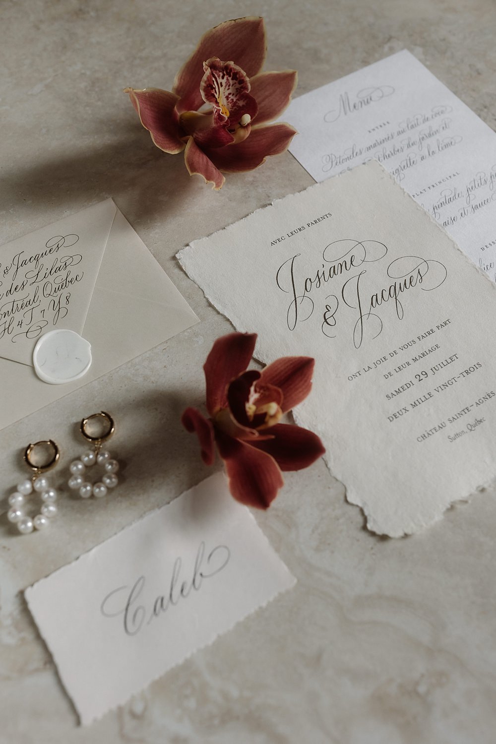Calligraphy Stationery Invite Wax Seal Château Ste-Agnès Wedding Crémeux Photo