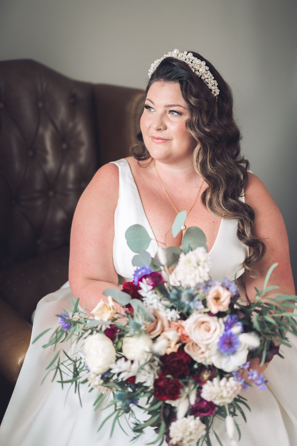 Bride Bouquet Flowers Purple White Greenery Compton Verney Wedding Story Ellie Mac Photography