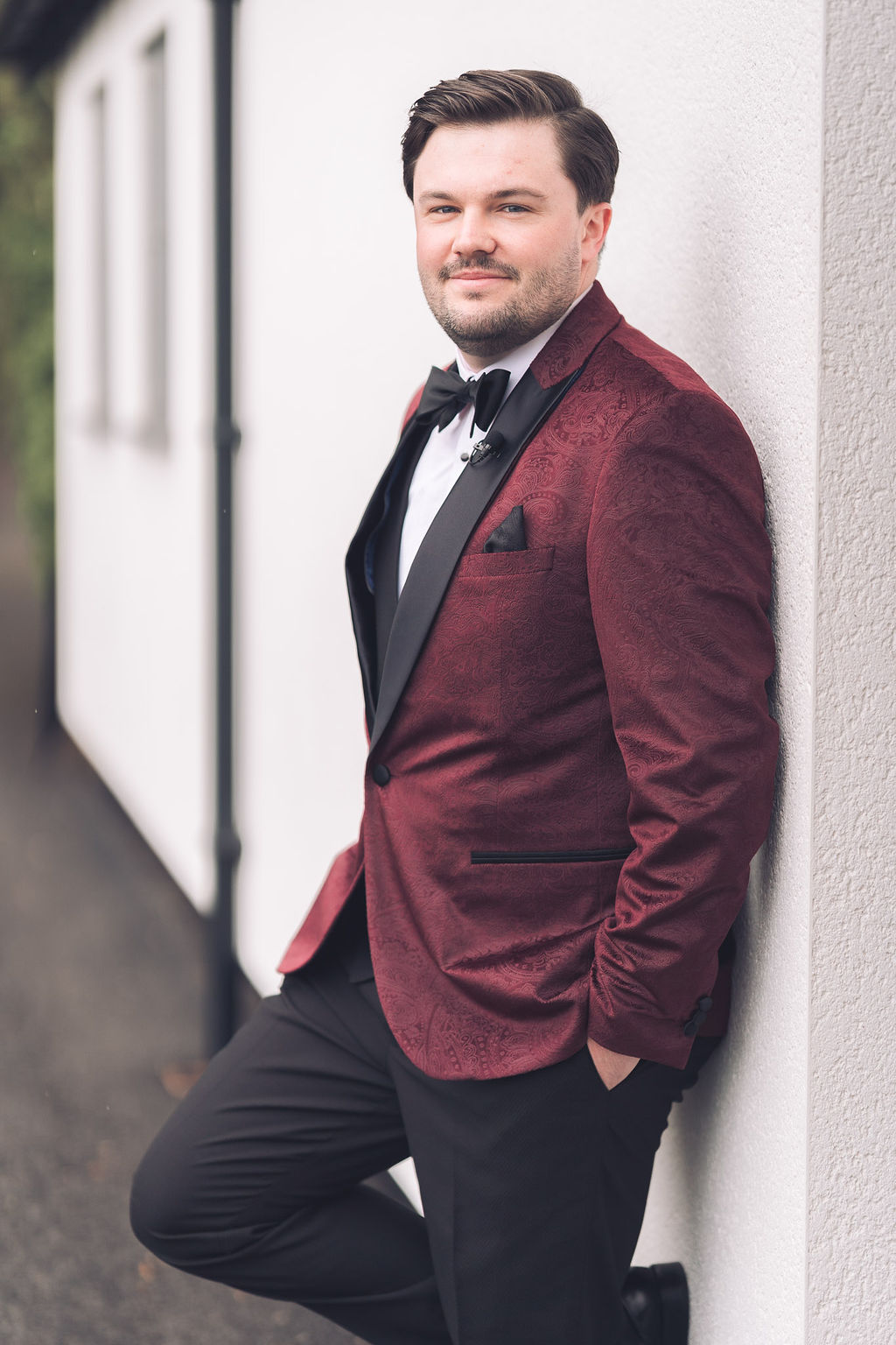 Groom Suit Tuxedo Velvet Burgundy Bow Tie ompton Verney Wedding Story Ellie Mac Photography