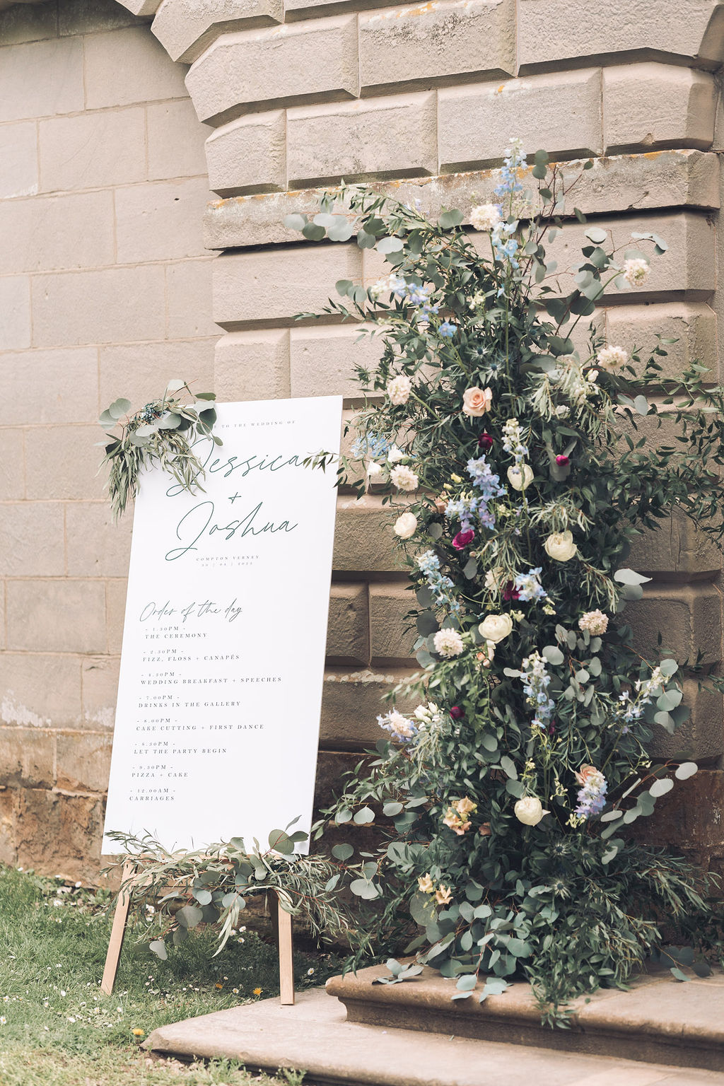 Order Day Sign Door Flowers Pillars Arrangements Wild Greenery Backdrop Compton Verney Wedding Story Ellie Mac Photography