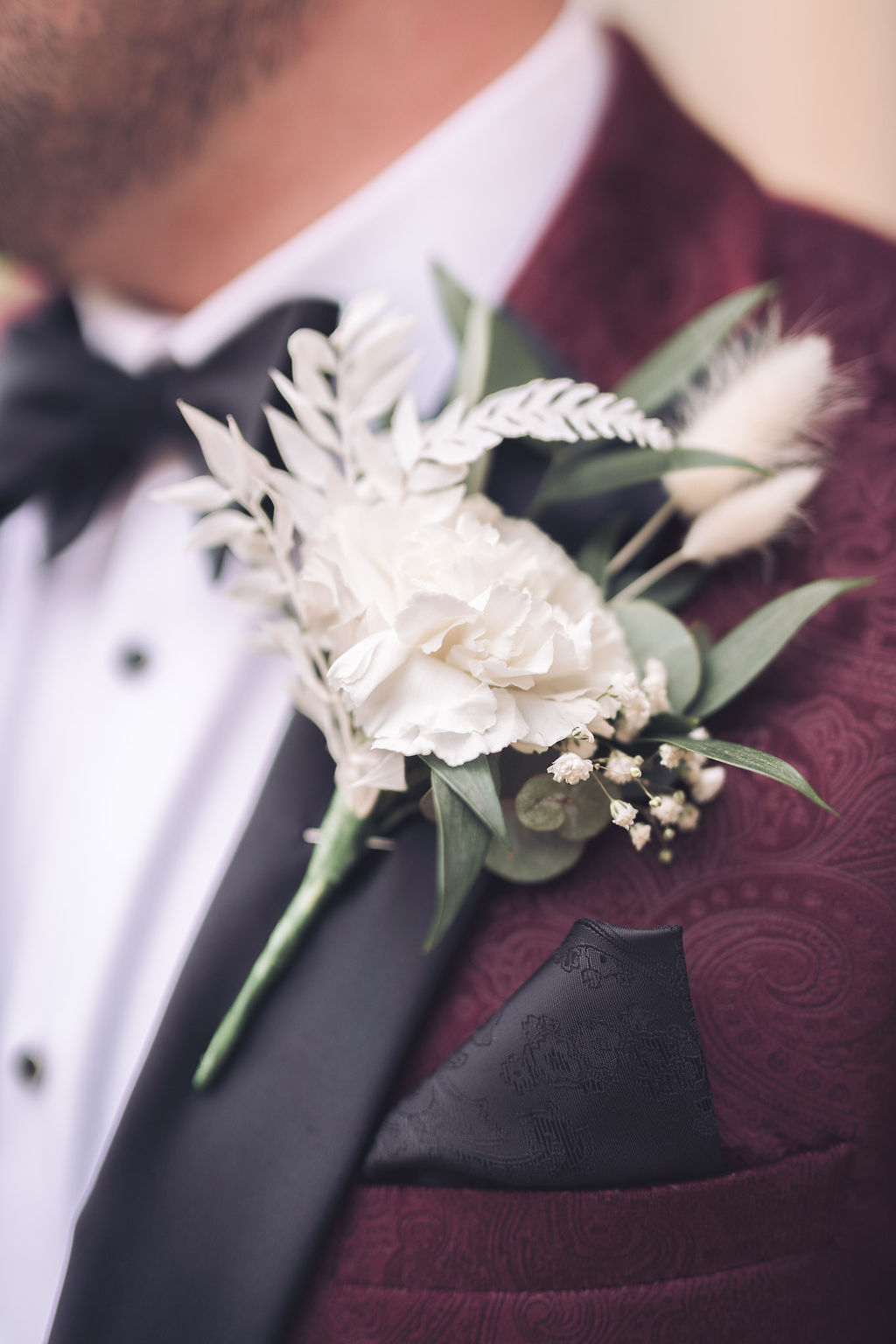 Groom Buttonhole Flowers White Greenery Compton Verney Wedding Story Ellie Mac Photography