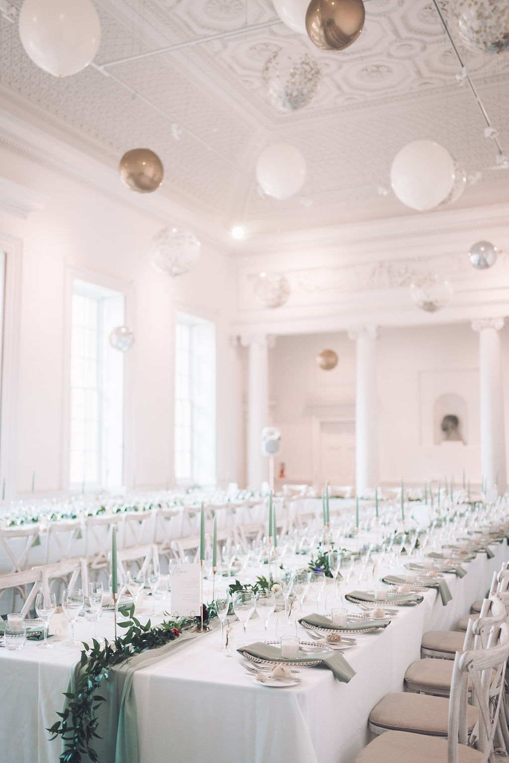 Reception Room Balloons Lanterns Long Tables Greenery Runner Candles Decor Compton Verney Wedding Story Ellie Mac Photography