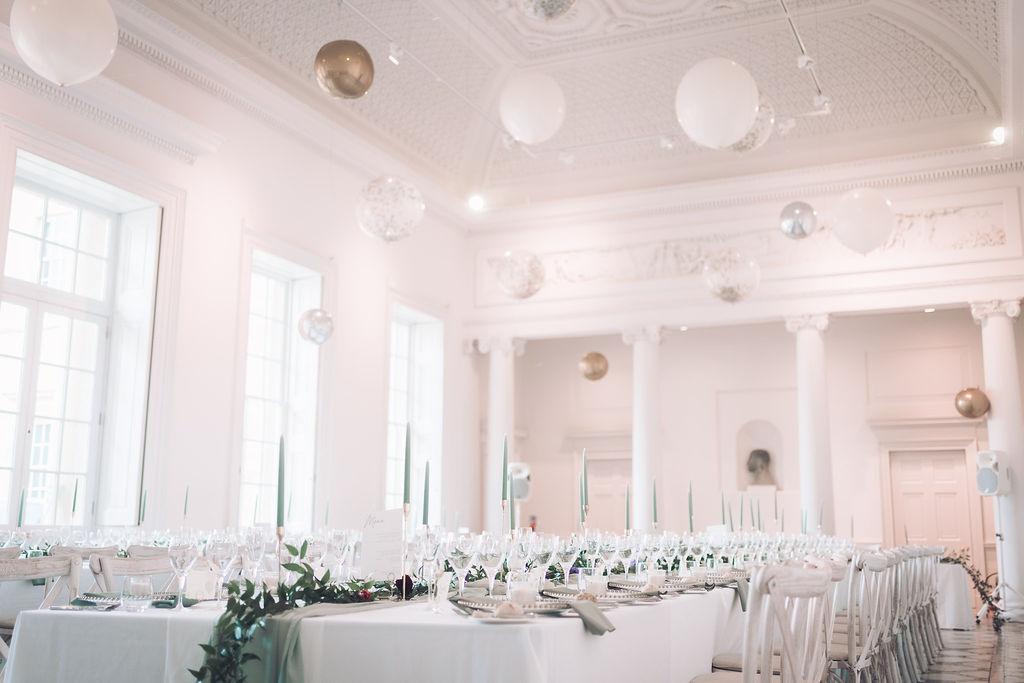 Reception Room Balloons Lanterns Long Tables Greenery Runner Candles Decor Compton Verney Wedding Story Ellie Mac Photography