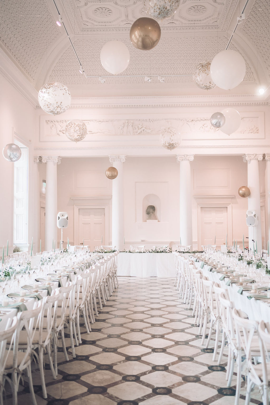 Reception Room Balloons Lanterns Long Tables Greenery Runner Candles Decor Compton Verney Wedding Story Ellie Mac Photography