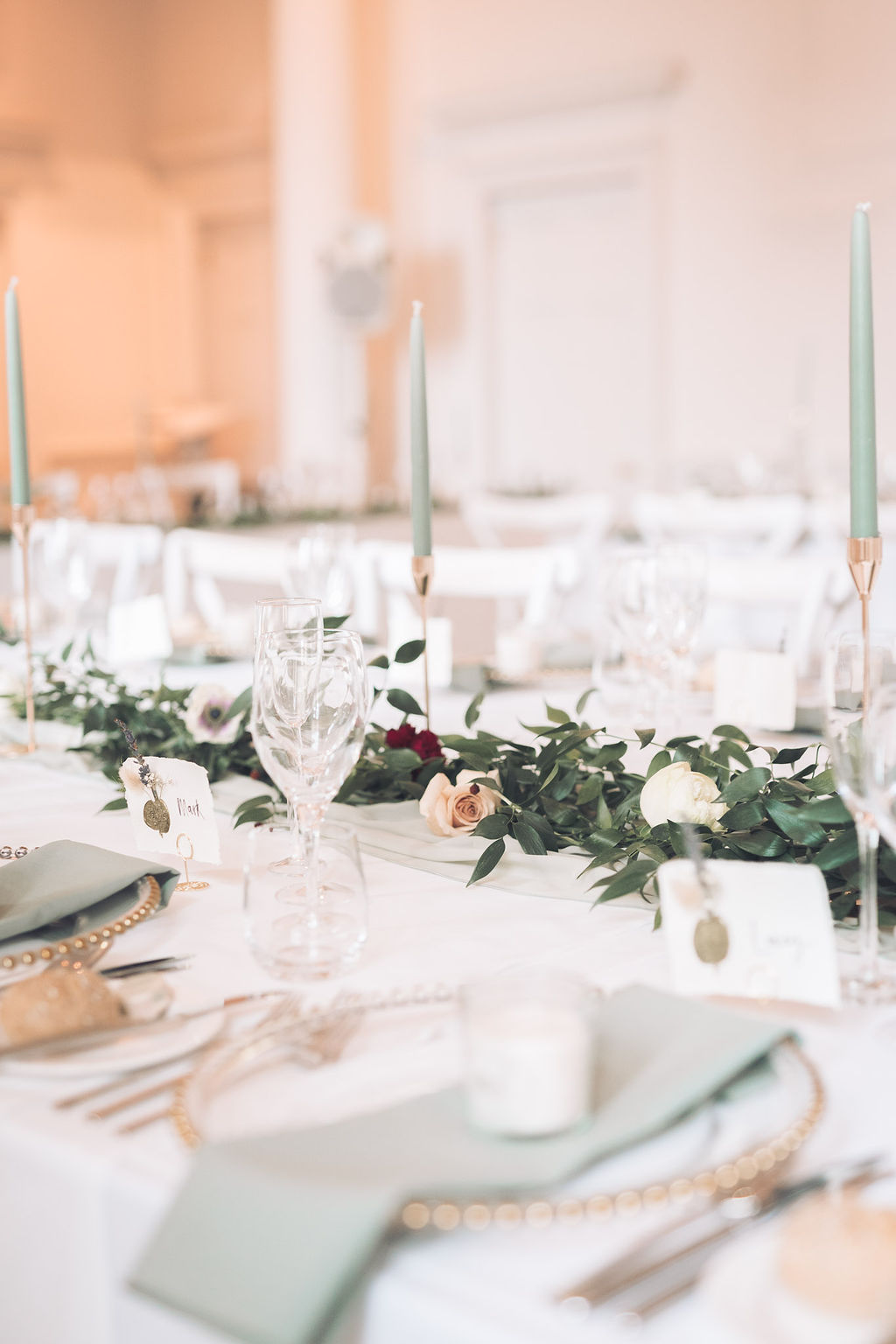 Place Setting Table Decor Runner Candles Greenery Compton Verney Wedding Story Ellie Mac Photography