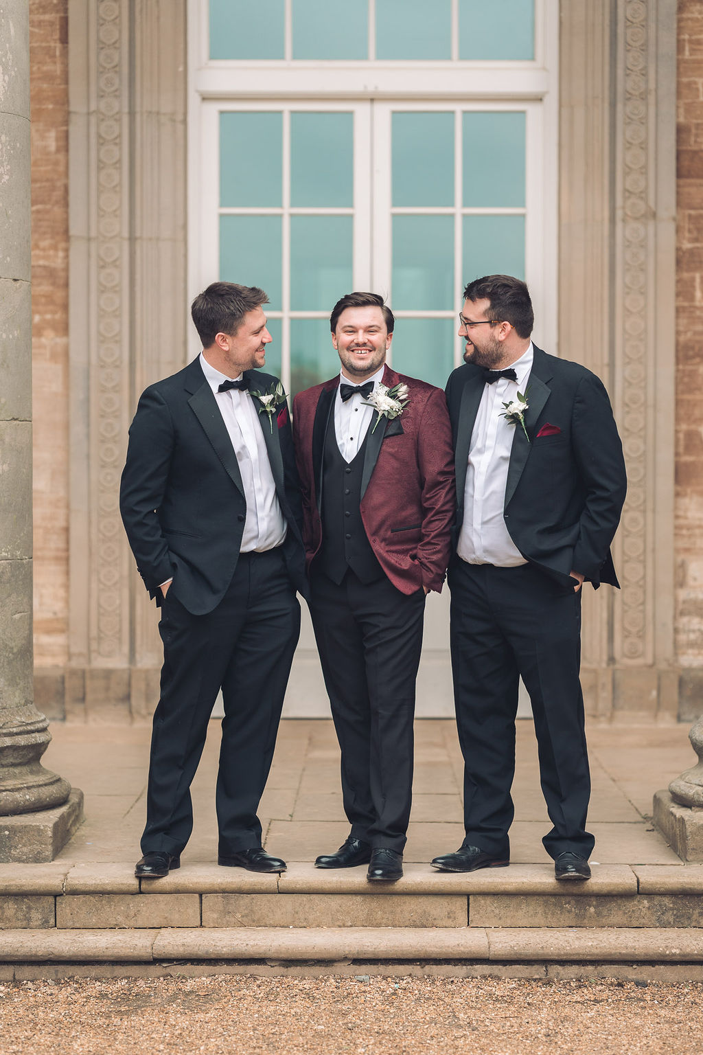 Groom Suit Tuxedo Velvet Burgundy Bow Tie Groomsmen Compton Verney Wedding Story Ellie Mac Photography