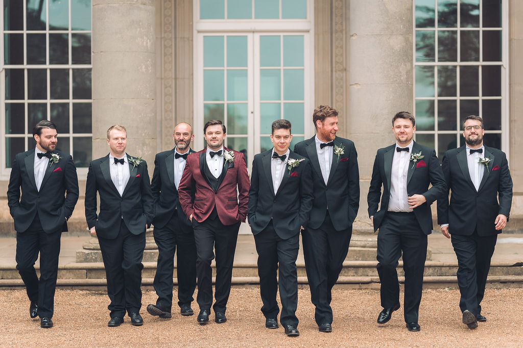 Groom Suit Tuxedo Velvet Burgundy Bow Tie Groomsmen Compton Verney Wedding Story Ellie Mac Photography