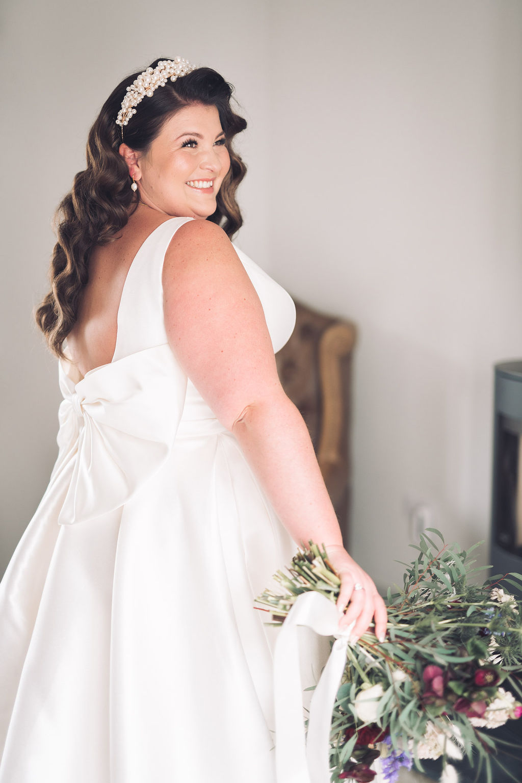 Dress Gown Bride Bow Back A Liine Headband Pearls Compton Verney Wedding Story Ellie Mac Photography