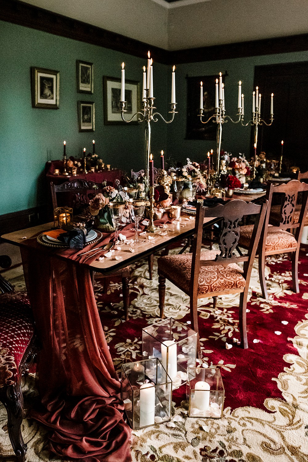 Tablescape Table Decor Red Black Gold Linen Candles Flowers Dunwood Hall Estate Wedding Amy Faith Photography