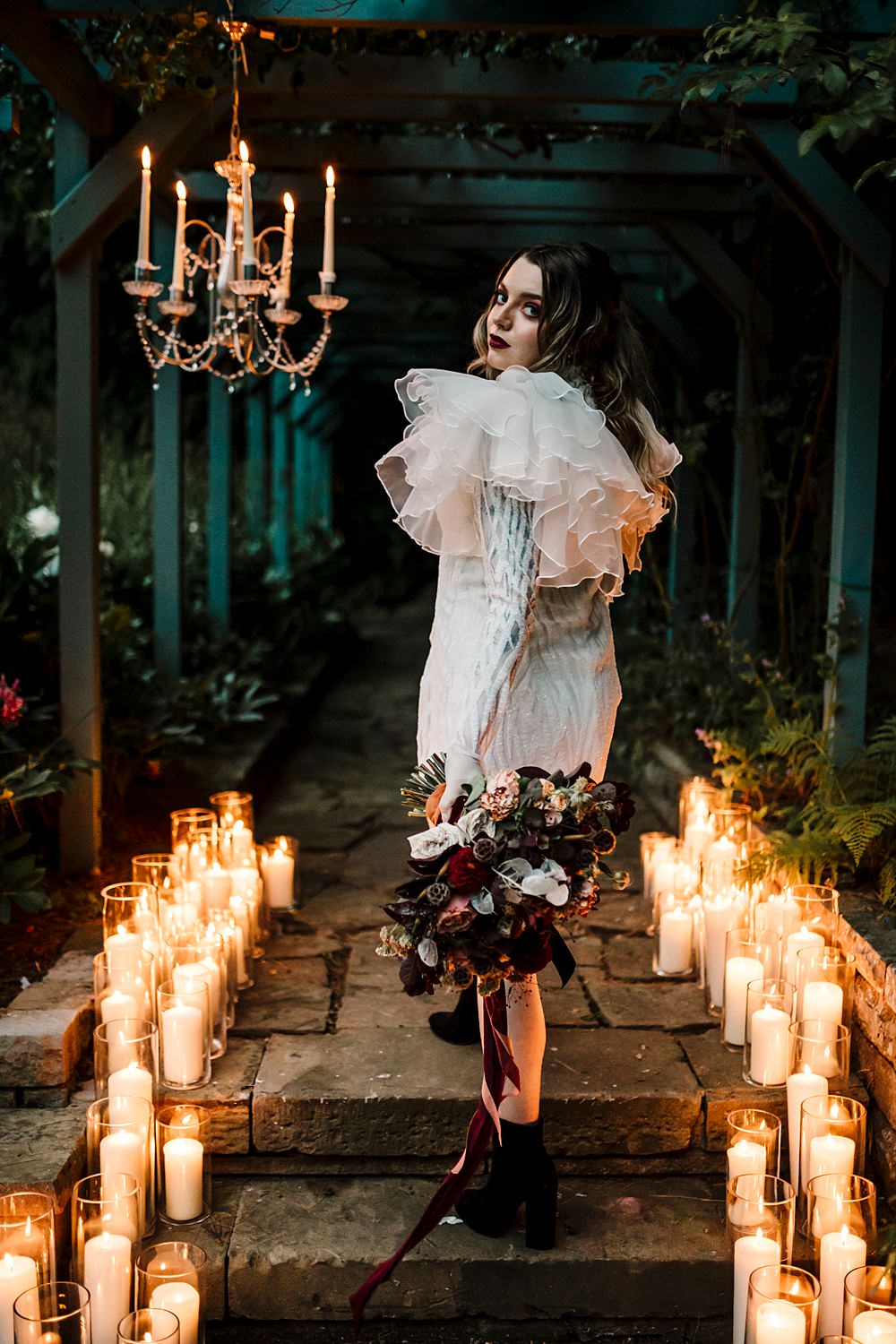 Bride Mini Dress Short Long Sleeve Ruffle Dunwood Hall Estate Wedding Amy Faith Photography