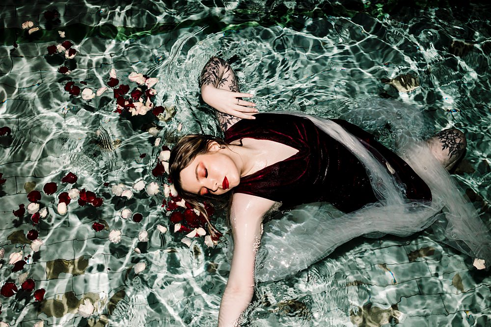 Red Velvet Dress Bride Swimming Pool Dunwood Hall Estate Wedding Amy Faith Photography