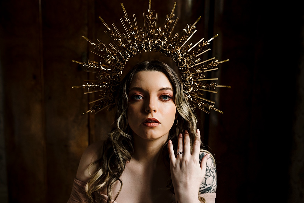 Bride Crown Gold Glam Makeup Dunwood Hall Estate Wedding Amy Faith Photography