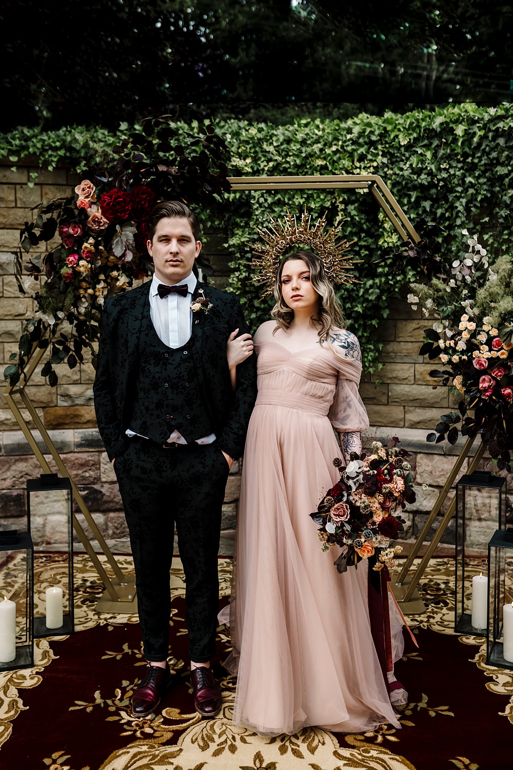 Hexagon Backdrop Gold Red Black Decor Flowers Candles Dunwood Hall Estate Wedding Amy Faith Photography