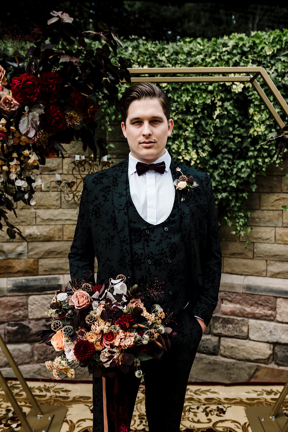 Groom Tuxedo Black Suit Bow Tie Dunwood Hall Estate Wedding Amy Faith Photography