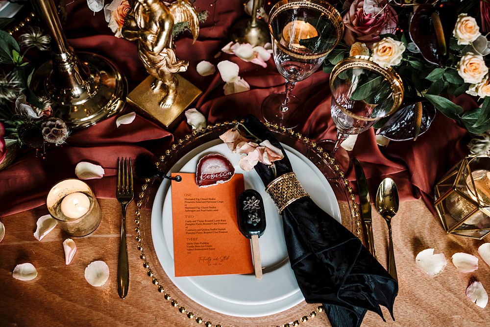 Place Setting Napkin Lolly Favour Charger Plate Table Decor Red Black Gold Dunwood Hall Estate Wedding Amy Faith Photography