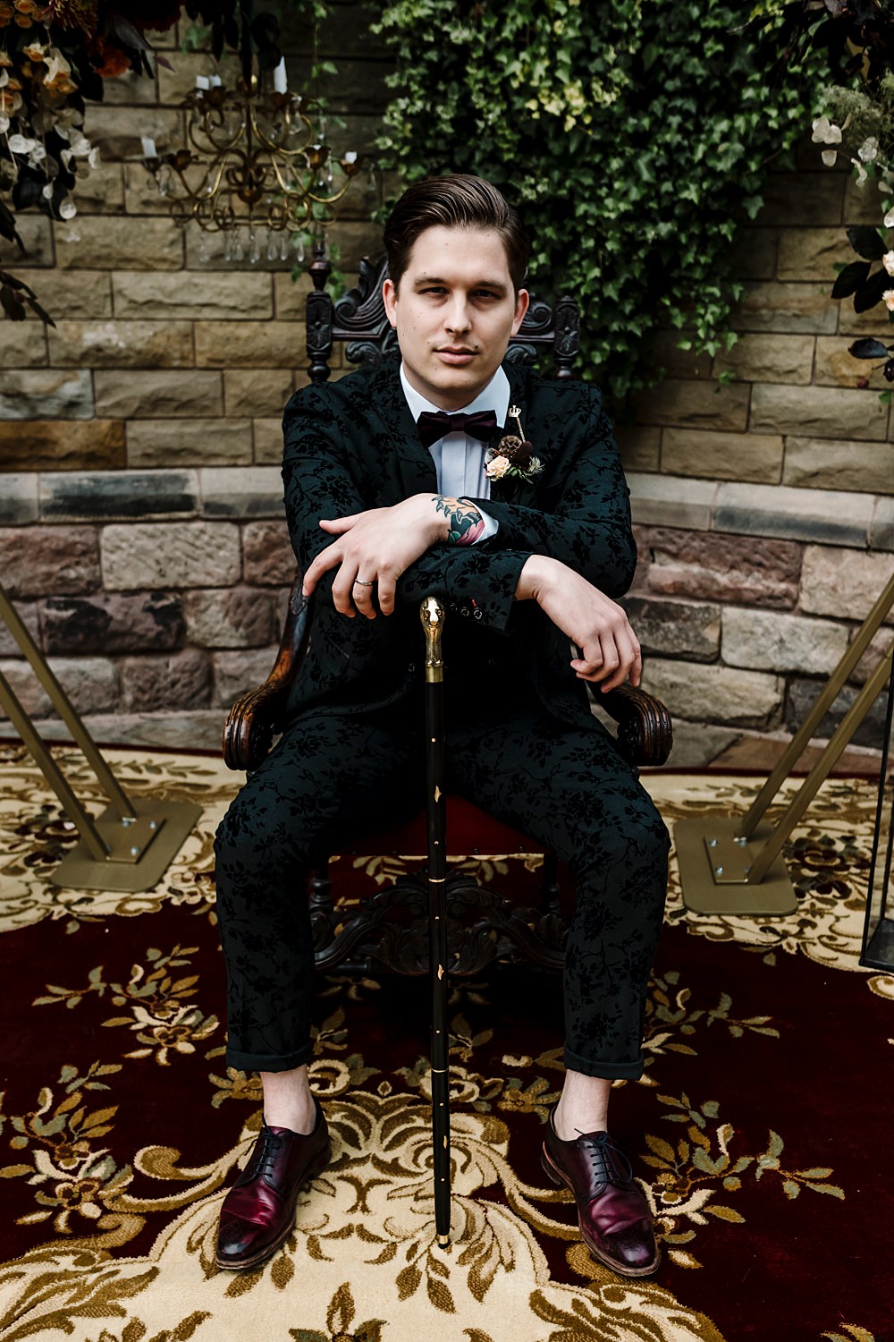 Groom Tuxedo Black Suit Bow Tie Dunwood Hall Estate Wedding Amy Faith Photography