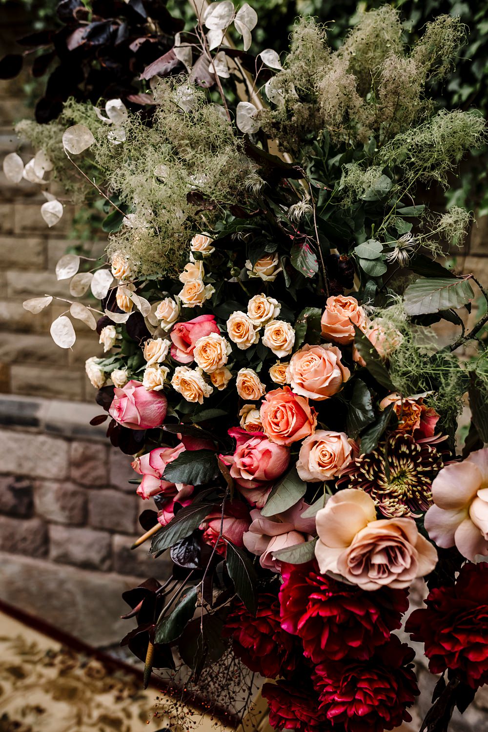 Red Pink Peach Flowers Backdrop Arrangement Dunwood Hall Estate Wedding Amy Faith Photography