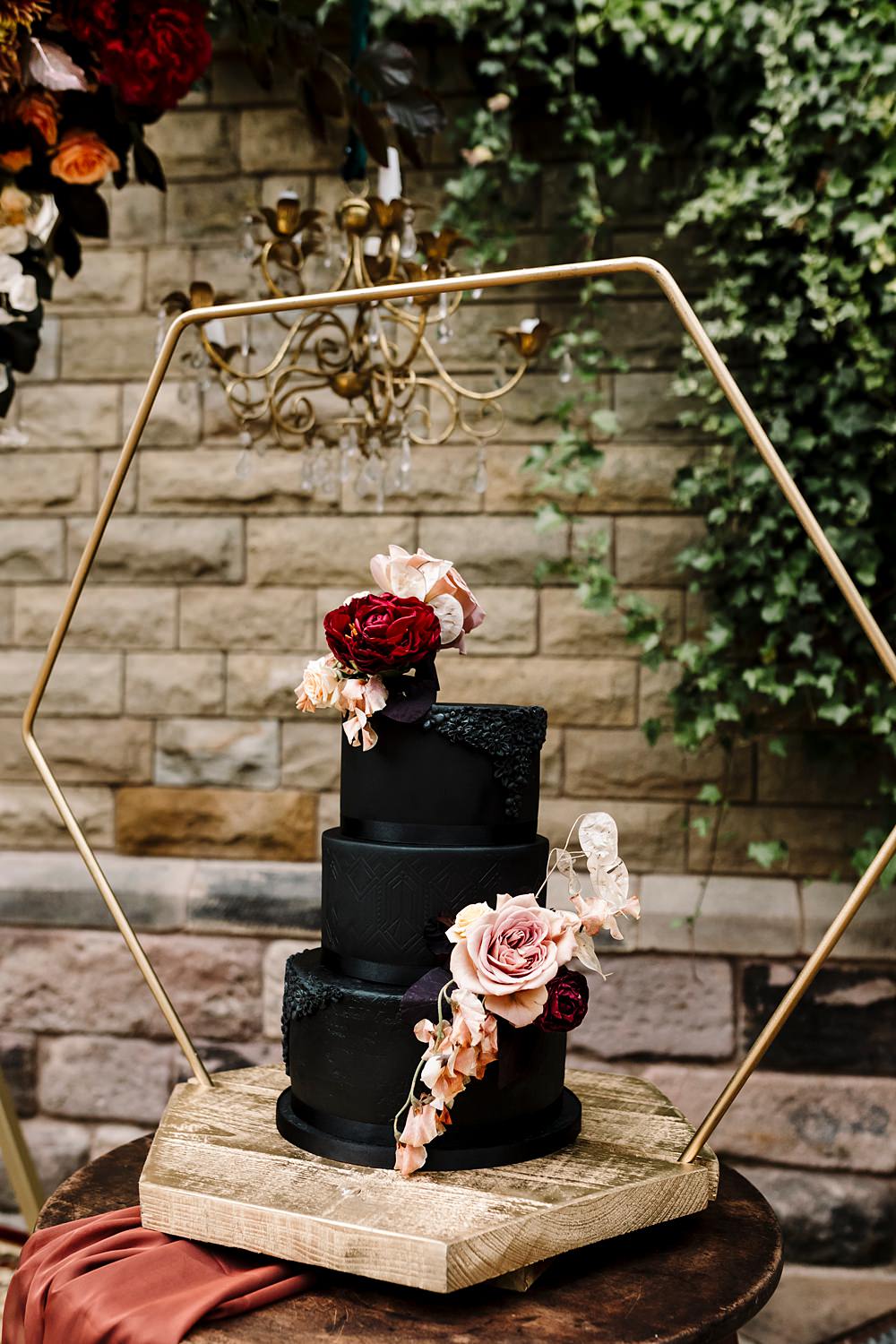 Black Cake Pink Red Flowers 3 Tier Dunwood Hall Estate Wedding Amy Faith Photography