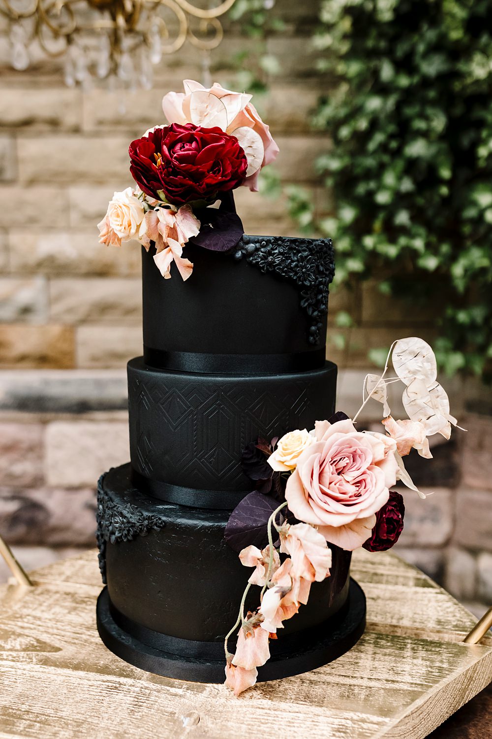 Black Cake Pink Red Flowers 3 Tier Dunwood Hall Estate Wedding Amy Faith Photography