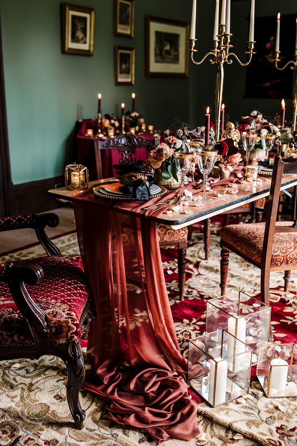 Tablescape Table Decor Red Black Gold Linen Candles Flowers Dunwood Hall Estate Wedding Amy Faith Photography