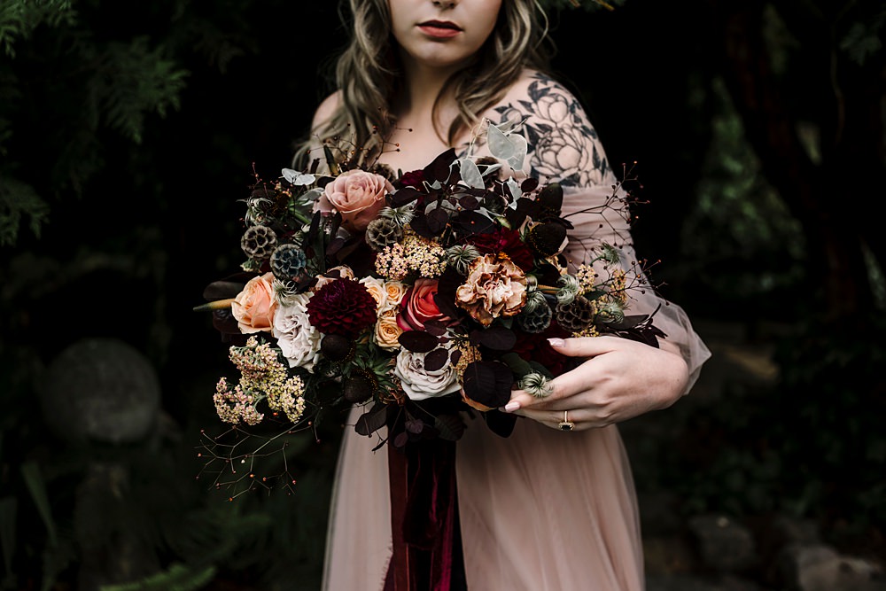 Bouquet Flowers Bride Pink Red Peach Black Ribbon Dunwood Hall Estate Wedding Amy Faith Photography