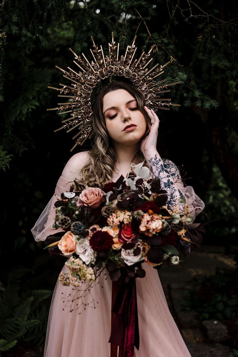 Bouquet Flowers Bride Pink Red Peach Black Ribbon Dunwood Hall Estate Wedding Amy Faith Photography
