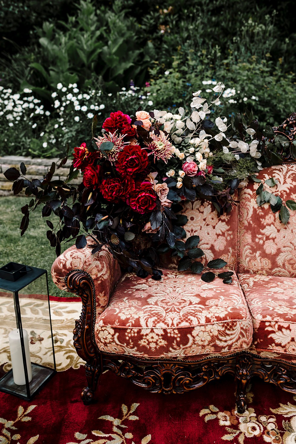 Sofa Seating Area Flowers Rug Dunwood Hall Estate Wedding Amy Faith Photography