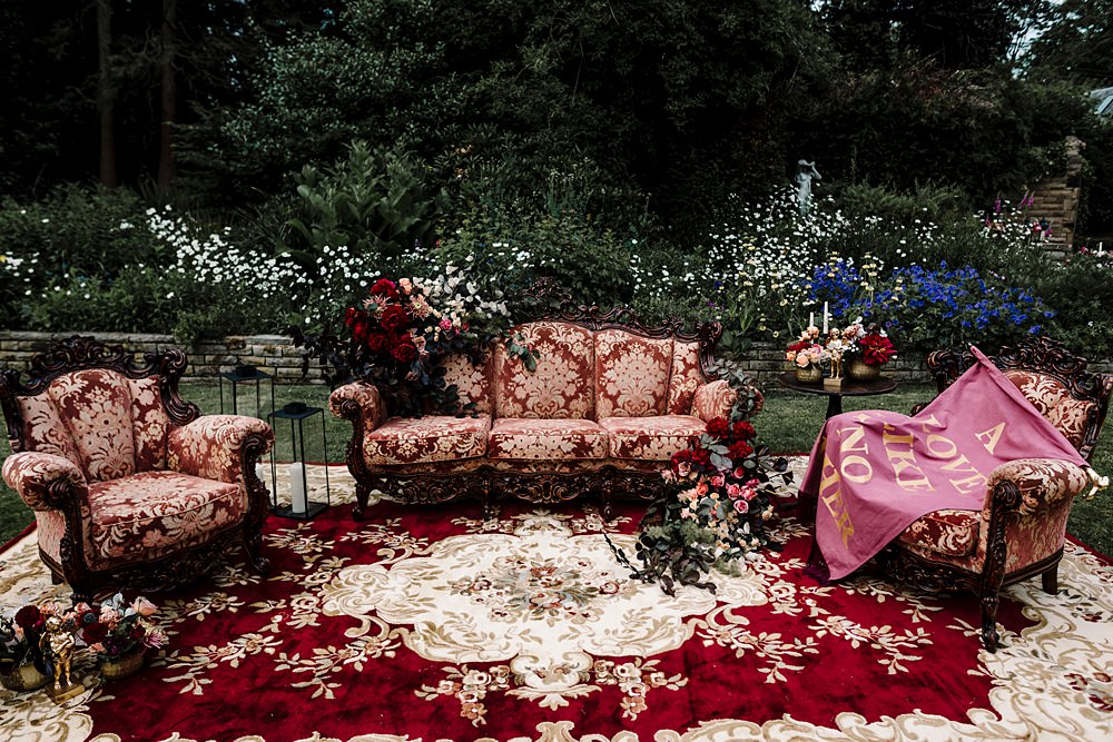 Sofa Seating Area Flowers Rug Dunwood Hall Estate Wedding Amy Faith Photography