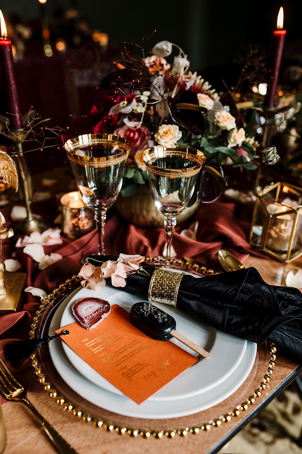 Place Setting Napkin Lolly Favour Charger Plate Table Decor Red Black Gold Dunwood Hall Estate Wedding Amy Faith Photography